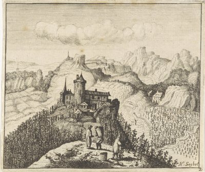 Bergigt landskap med druvplockare av Anthonie de Winter (attributed to)