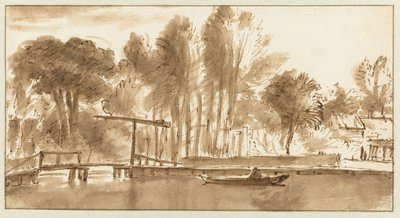 Skogbevuxen flodlandskap med vindbrygga av Anthonie van Borssom (attributed to)