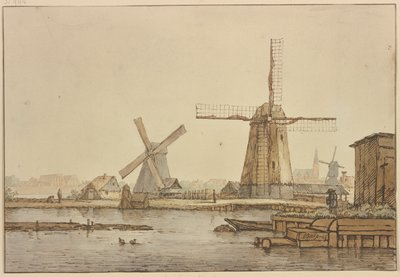 Tre väderkvarnar nära Amsterdam av Anthonie van Borssom