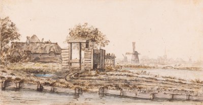 En gård vid ett vattendrag nära en by av Anthonie van Borssom