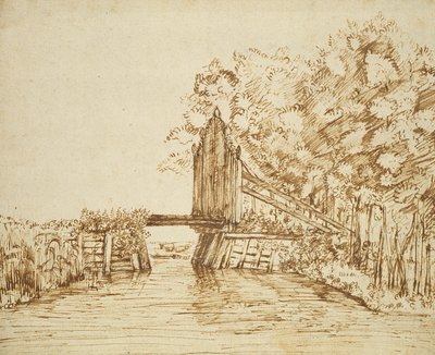 Liten bro över vatten och porten till godset (penna och bläck på papper) av Anthonie van Borssom