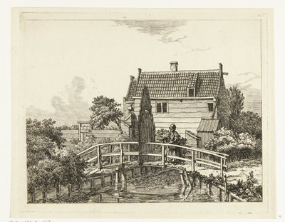 Jan Hanzenpad utanför Raampoort (titel på objekt) Kvinna med barn på en bro nära en stängd grind av Anthonie van den Bos