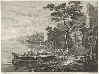 Figurer vid en pråm i ett bergslandskap av Anthonij van der Haer