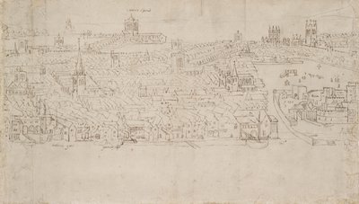 Panorama över London sett från Southwark: Billingsgate till Tower Wharf, 1554 av Anthonis van den Wyngaerde