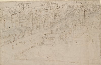 Panorama över London sett från Southwark: Borough High Street med St Mary Overy, 1554 av Anthonis van den Wyngaerde