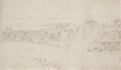 Panorama över London sett från Southwark: Durham House till Barnards Castle (penna och bläck över svart krita på papper) av Anthonis van den Wyngaerde