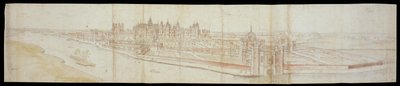 Utsikt över Hampton Court Palace från söder, med floden i förgrunden, 1558 (penna och brunt bläck och akvareller över svart krita) av Anthonis van den Wyngaerde