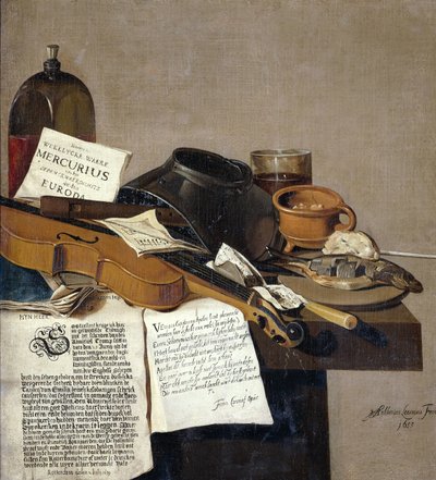 Stilleben med en kopia av De Waere Mercurius, ett broadsheet med nyheterna om Tromps seger över tre engelska skepp den 28 juni 1639 och en dikt som berättar historien om Apelles och skomakaren av Anthonius Leemans
