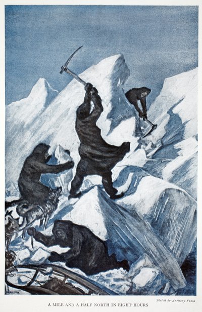 A Mile and a Half North in Eight Hours, pub. London 1907 (litho i färg) av Anthony Fiala