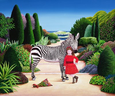 Girl with Zebra, 1984 (akryl ombord) av Anthony Southcombe