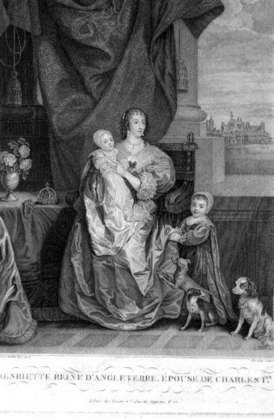 Drottning Henrietta Maria (1609-69) Karl I:s hustru med två av deras barn, graverad av Henry Bonnefoy (fl.1880-89) (gravyr) av Anthony van (after) Dyck