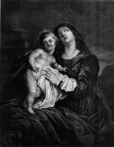 Jungfrun och Jesusbarnet. Gravyr efter en målning av Anton (Antoon eller Anthony) van Dyck (1599-1641). Gravyr i "" Le Monde Illustré"" nr 1239 av 25 december 1880. av Anthony van (after) Dyck