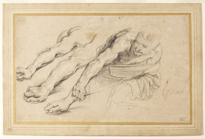 Figur av en man som böjer sig framåt med höger arm utsträckt; tre studier av höger arm och en av vänster hand för samma figur (krita på papper) av Anthony van Dyck