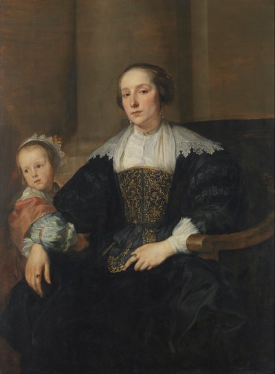German: Bildnis der Anna van Thielen, Gattin des Malers Theodoor Rombouts, mit ihrer Tochter Anna Maria Porträtt av Anna van Thielen, hustru till målaren Theodor Rombouts med deras dotter Anna Maria av Anthony van Dyck