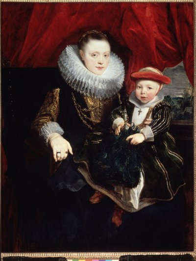 "Porträtt av en ung kvinna med ett barn" (hon bär en jordgubbe) Målning av Sir Anthonis (Anton eller Antoon) van Dyck (1599-1641) 1618 Mått 131x102 cm Eremitagets museum, Sankt Petersburg (Saint-Petersburg) av Anthony van Dyck