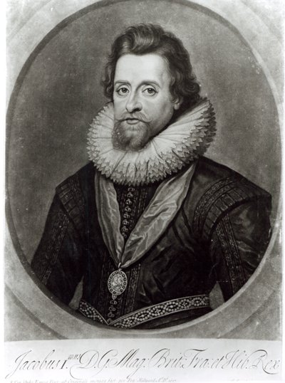 Porträtt av James I (1566-1625) efter en miniatyr av Nicholas Hilliard (1547-1619) från 1617, graverad av George Vertue (1684-1756) av Anthony van Dyck