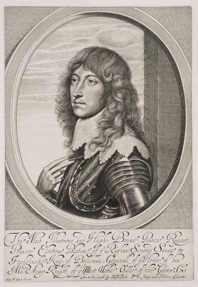 Porträtt av prins Rupert (1619-82) greve Palatine av Rhen och hertig av Bayern, graverad av William Faithorne (1616-91) av Anthony van Dyck