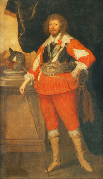 Porträtt av en adelsman, som sägs vara Henry Rich, 1:e jarl av Holland, i full längd, iklädd bröstskydd, skärp och svärd, hans hand vilande på en pinne, en hjälm på en sockel, står framför en draperad pelargång, av Anthony van Dyck