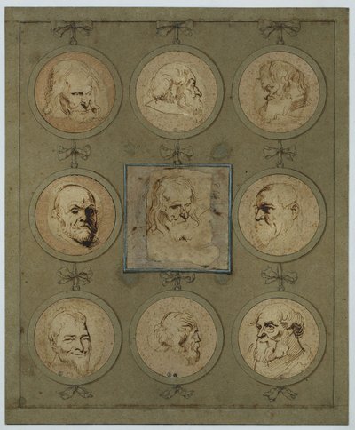 Samlingsblad med nio huvudstudier i medaljonger av Anthony van Dyck