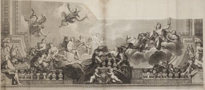 Design av mittpanelen i taket i Palais Royal, graverad av Nicolas Henri Tardieu (1674-1749) av Antoine (after) Coypel