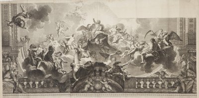 Design av mittpanelen i taket i Grand Gallery of the Palais Royal, graverad av Nicolas Henri Tardieu (1674-1749) av Antoine (after) Coypel