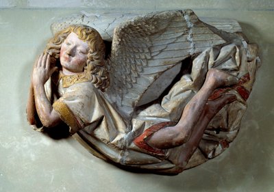 Flygande ängelrelief i polykrom kalksten attribut till Antoine the Moiturier (1425-1495) och avsedd för "The Mise au tombeau som erbjuds av Jaquotin Ogier och hans fru Pernette". från Chapelles des Carmes i Semur i Auxois. 1490 ca. Sol. 0,57x0,4 av Antoine (attr. to) Le Moiturier
