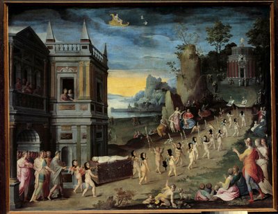 Allegori: kärlekens begravning En begravningståg som bär Eros kropp är på väg mot Venus tempel. Målning av Antoine Carons verkstad (1521-1599) av Antoine (studio of) Caron