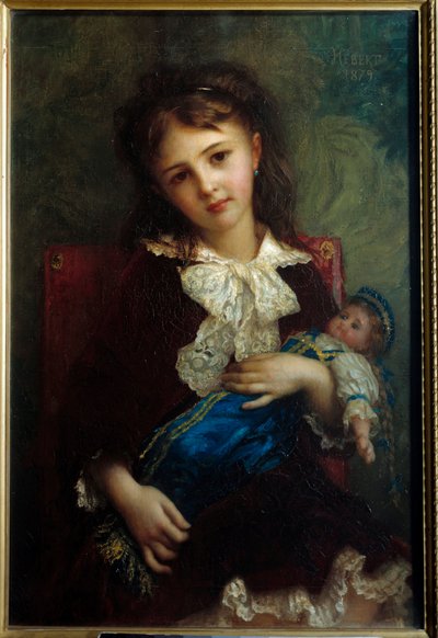 Porträtt av Catherine de Bouchage enfant som håller en docka i vapen målning av Ernest Hebert (1817-1908) av Antoine Auguste Ernest Herbert or Hebert