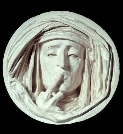 Tystnad En symbolisk gest av en man som sätter ett finger på hans mun. Gipsskulptur av Auguste Preault (1809-1879) 1800-talets Paris, Louvren av Antoine Augustin Preault