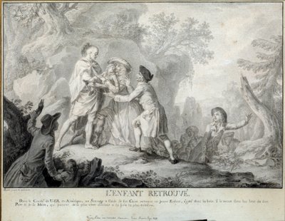 Barnet hittar Illustration av "Letters of an American Farmer" av Saint John de Crevecoeur. Litografi av Antoine Borel (1743-1810) 1783 ungefär. Blerancourt. Musee Franco American av Antoine Borel