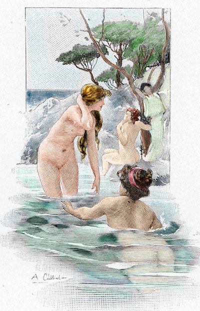 Odyssee av Homere: "Nausicaa, dotter till kung Alcinous, och hennes tjänarinnor som tvättar sina kläder i floden" Illustration av Antoine Calbet (1860-1944) för "The odyssee" av den grekiska poeten Homere (Odyssey av Homer) 1897 Privat samling av Antoine Calbet