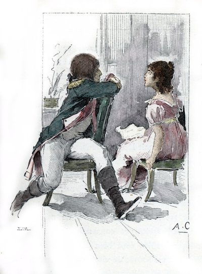 Porträtt av Napoleon Bonaparte (1769-1821) med sin fästmö Desiree Clary (1777-1860) ca. April 1795 (Porträtt av Desiree Clary vid tiden för hennes förlovning med Napoleon Bonaparte, april 1795) Teckning av Antoine Calbet hämtar från "Napoleon et les femmes av Antoine Calbet