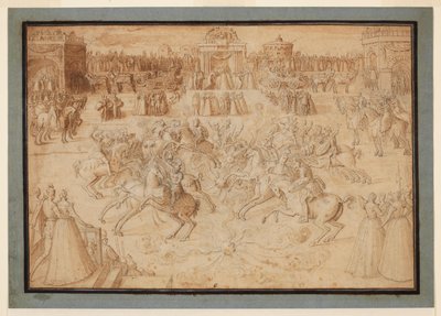 Ett ridspel med ryttare som tornerspelar bland fyrverkerier, 1575-c.1580 av Antoine Caron