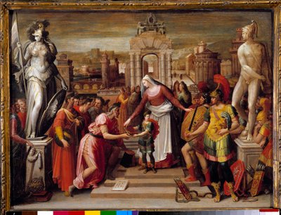 Historia om drottning Artemise Iere av Halicarnasse: "" Överlämnandet av boken och epien"" Målning av Antoine Caron (1521-1599) 1500-talets sön. 0,51x0,67 m Beauvais, Musee departemental de l