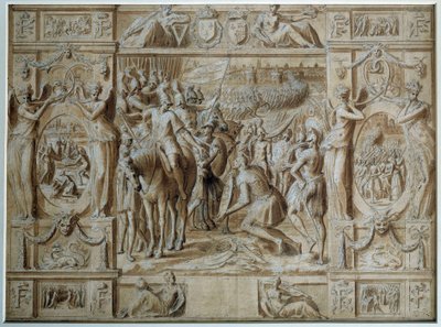 Milanos underkastelse Francois I:s trupper intog staden Milano efter seger i slaget vid Marignan 1515. Ritning i penna och tvätt av Antoine Caron (1521-1599) 1500-talets Paris, Louvren av Antoine Caron