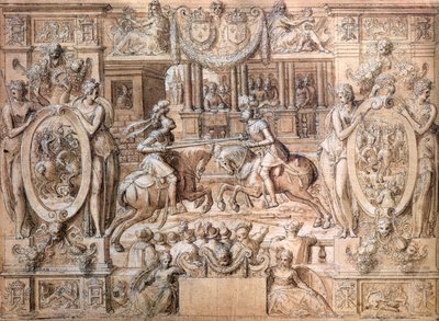Turnering i samband med bröllopet mellan Catherine de Medici (1519-89) och Henri II (1519-59) 1533 (penna och på papper) av Antoine Caron