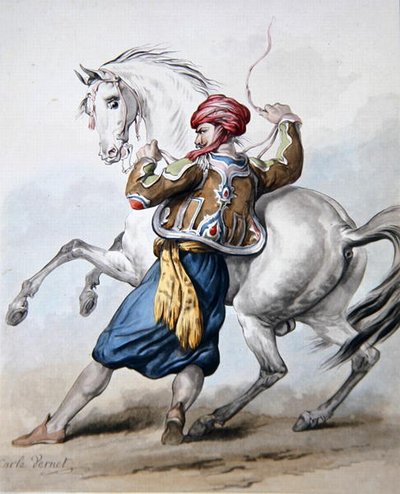 En perser försöker övervinna en fransk häst (litho) av Antoine Charles Horace Vernet