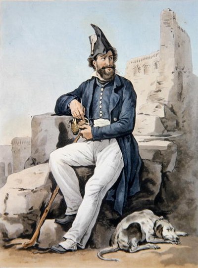 En skäggig soldat (färg litho) av Antoine Charles Horace Vernet