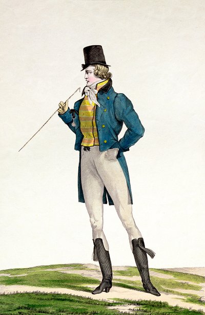 En Dandy i en Robinsonhatt, med barnsliga lockar, stickade byxor och ridstövlar, tallrik 5 i serien Incroyable et merveilleuse av modetallrikar, graverade av Georges Jacques Gatine (1773-1831) av Antoine Charles Horace Vernet