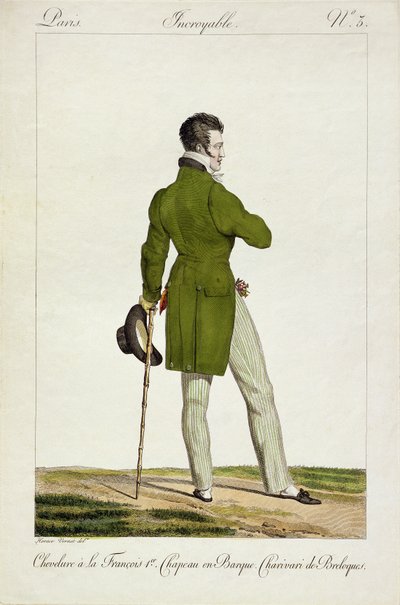 En Dandy med en "Francois I"-frisyr och en samling berlocker och prydnadssaker, tallrik 3 i "Incroyable et merveilleuses"-serien av modetallrikar, graverade av Georges Jacques Gatine (1773-1831) pub av Antoine Charles Horace Vernet