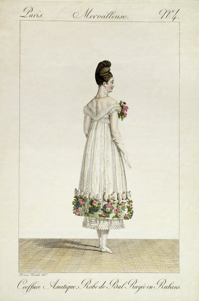 En dam med asiatisk frisyr i bollklänning med band, tavla 4 från serien "Incroyable et merveilleuse" av modeplåtar, graverad av Georges Jacques Gatine (1773-1831), publicerad 1 av Antoine Charles Horace Vernet