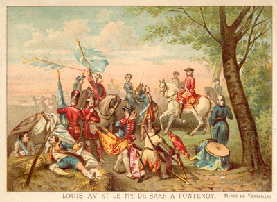 Ludvig XV av Frankrike och marskalk de Saxe vid slaget vid Fontenoy, 1745 (chromolitho) av Antoine Charles Horace Vernet