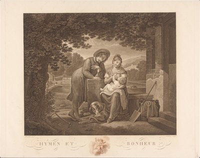 Ung familj med hund Hymen et Bonheur (titel på objekt) av Antoine Claude François Villerey