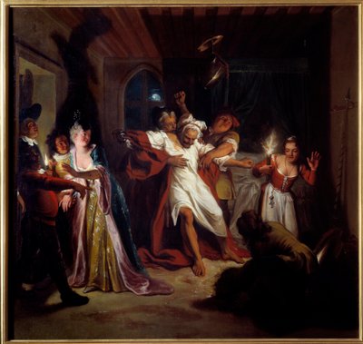 Sovande Don Quijote bekämpar skinnen. "Den geniale gentlemannen Don Quijote från La Mancha" av Miguel de Cervantes Saavedra (1547-1616). Målning av Charles Antoine Coypel (1694-1752), mellan 1716. Olja på duk. Mått: 1,23 x 1,28 m. Compiegne, Musee National av Antoine Coypel