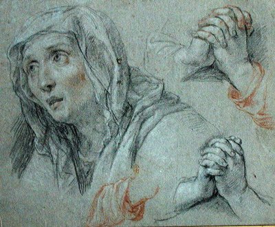 Studies for the Figure of the Virgin, ca 1700 (svart och röd krita förhöjd med vitt på papper) av Antoine Coypel