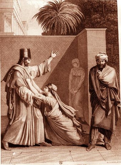 Esther bönfaller Assuerus i närvaro av Aman, illustration från 