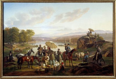 Stopp för Lyon-artister på Barbe Island i Lyon Målare och musiker vilar under en ridtur. Målning av Antoine Duclaux (1783-1868) 1824 Sön. 0,86x1,31 m Lyon, Musee des Beaux Arts av Antoine Duclaux