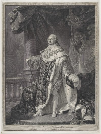 Le Sacre - Porträtt av kung Ludvig XVI i Kröningsregalier, graverad av Charles-Clément Bervic (1756-1822) av Antoine Francois (after) Callet