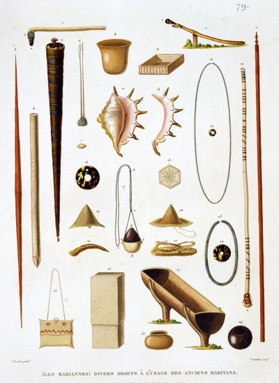 Hushållsredskap och vapen från Mariannasöarna, från Voyage autour du Monde (1817-20), av Louis Claude Desaulses de Freycinet (1779-1842), graverad av Jean Louis Denis Coutant (1776-1831), s av Antoine Germain Bevalet