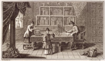 En kinesisk kalligrafibutik, från en redogörelse för den holländska ambassaden i Kina, graverad av A. Maisonneuve, ca 1670-talet av Antoine Humblot
